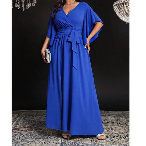 Plus Royal Blue Butterfly Sleeve Belted Split Hem Maxi Dress - Picture 3 of 4